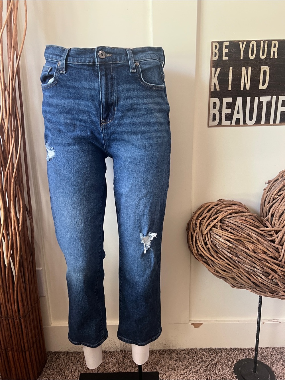 Kendall & Kylie Dark Blue High Rise Straight Cropped Distressed Jeans
